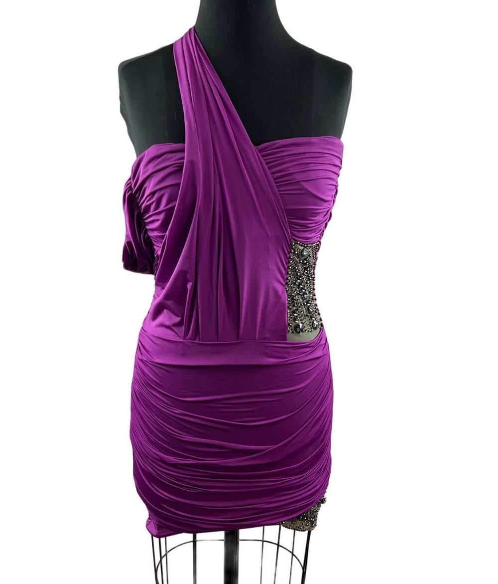 BOUBOU Purple Cotton Blend One Shoulder Embellished Ruched Mini Cocktail Dress S